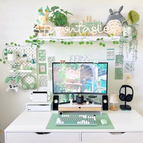 @fawntasiesworld • happy tuesday 🍃✨ • Threads Mint Green Gaming Setup, Cozy Gamer Girl Aesthetic, Green Desk Aesthetic, Gamer Girl Desk Setup, Green Pc Setup, Girl Desk Setup, Green Gaming Setup, Gamer Girl Desk, Girl Gaming Setup