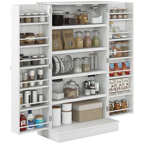 Do you love to be in the kitchen but are running out of space? This HomCom kitchen pantry storage cabinet can help bring your kitchen from cluttered to organized in no time. No more stacking pots and pans on top of each other, and now you have to move them all to get to that soup pot in the back, this pantry storage cabinet will give you the space to know where everything is at, and get to it easily. Spend more time cooking and entertaining with this HomCom food storage cabinet.This kitchen cabinet will provide you with all the extra storage space you need for that new pot and pan set you've been eyeing and the "company" dishes Featuring 5-tier interior shelving and 12-tier side racks behind the doorsFeatures a painted finish front with beadboard panels and silver metal hardwareComes with Cabinet Pantry Ideas, Baking Cabinet, Food Pantry Cabinet, Modern Kitchen Pantry, Free Standing Kitchen Cabinets, Clutter Free Kitchen, Freestanding Storage Cabinet, Kitchen Furniture Storage, Pantry Cabinets