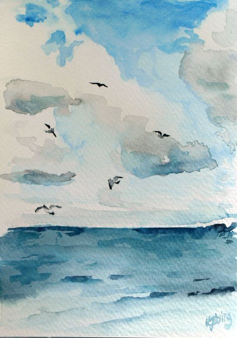 zee met meeuwen Water Colour Sea Landscape, Watercolor Ocean Easy, Sea Watercolour Painting, Watercolor Beach Scenes Easy, Ocean Watercolor Art, Easy Beach Watercolor Paintings, Easy Beach Watercolor, Watercolor Waterscape, Easy Watercolor Paintings For Beginners Simple