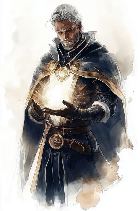 A human cleric graced with timeworn wisdom, moves with a tranquil confidence drawn from his unwavering faith. His piercing eyes hint at a sorrowful past. A cascade of silver hair flows beneath his ornate mitre, its patterns a tapestry of his devotion. Known for his gentle humor and compassionate soul, Faldrenia wields both hammer and prayer to illuminate the shadows, ever a beacon of hope and healing. Light Cleric Female, Fantasy Cleric Male, Dnd Twilight Cleric, Dnd Cleric Male, Dnd Cleric Art, Dnd Cleric Character Design, Life Cleric, Light Cleric, Forge Cleric