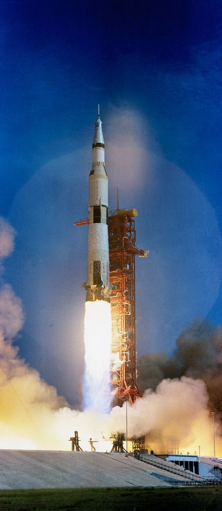 The huge, 363-ft.-tall Apollo 11 (Spacecraft 107/Lunar Module V/Saturn 506) Space Vehicle is launched from Pad A, Launch Complex 39 Kennedy Space Center (KSC), at 9:32 a.m. (EDT), July 16, 1969. Image S69-39527 courtesy NASA/JSC. Saturn 5, Apollo Space Program, Nasa Space Program, Rocket Space, Apollo Program, Nasa Space Shuttle, Nasa Apollo, Space Launch, Apollo Missions