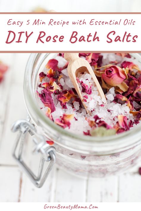 Easy DIY Epsom Bath Salts with Essential Oils - Homemade Herbal Foot Soak Rose Bath Salts Diy, Epsom Salt Bath Recipe, Epson Salt Bath, Diy Bath Salts With Essential Oils, Bath Salts Diy Recipes, Rose Petal Bath Salts, Diy Bath Soak, Foot Soak Recipe, Bath Soak Recipe