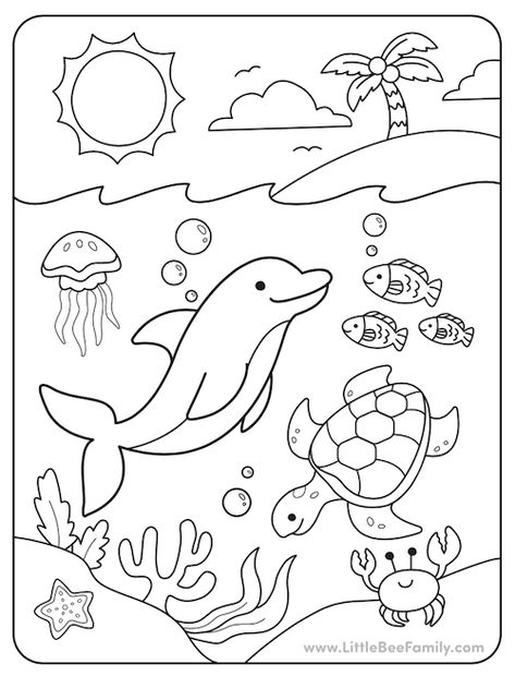 thumb-ocean-coloring-page Coloring Pages Sea Animals, Ocean Creatures Art Preschool, Color Books For Preschool, Beach Colouring Pages, Water Animals Activities For Kids, Beach Activities Aesthetic, Sea Animals Activities For Preschool, Family Coloring Pages For Kids, Underwater Coloring Pages