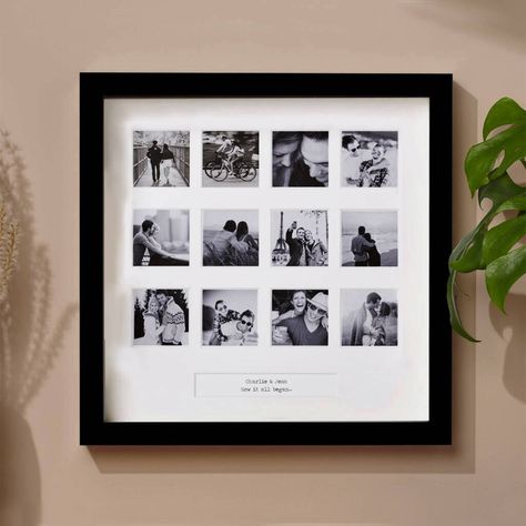 A beautiful Personalised 'Our Anniversary' Photo Frame to capture those special moments with your loved one. This simple and elegant frame is the perfect gift to mark an anniversary, wedding, Valentine's Day or birthday.It has a simple, stylish design and the choice of a neutral white or black coloured frame will fit in with any decor.There are twelve square windows for you to put your favourite photographs and a text box at the bottom which we personalise with your message which makes it a vers Photo Frame Anniversary Gift, Simple Photo Frame Ideas, Photo Anniversary Gift Ideas, Wedding Anniversary Frame Ideas, Wedding Picture Frame Ideas, Photo Collage Frame Ideas, Couple Frame Ideas, Anniversary Photo Frame Ideas, Anniversary Frame Ideas