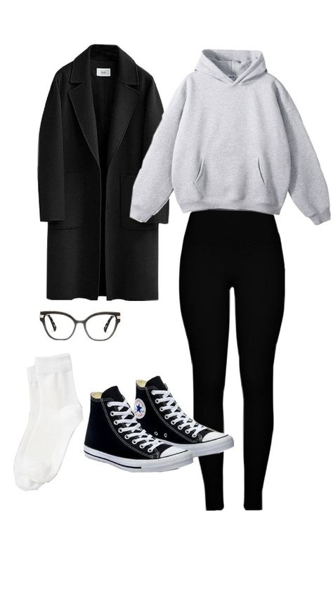 Get ready for a relaxed day with this cozy, casual outfit that's perfect for staying at home or running quick errands like a trip to the supermarket. This outfit pairs a comfortable oversized grey hoodie with sleek black leggings for a minimalist yet stylish look. Layer on a classic black coat for added warmth and a touch of sophistication. Complete the ensemble with black high-top sneakers for all-day comfort and add white socks for a laid-back feel. Simple glasses tie the look together, making it versatile and effortlessly cool. #CasualStyle #CozyOutfit #EverydayLook #StayComfy #ErrandOutfit #MinimalistFashion #ComfyChic Black Cardigan And Leggings Outfit, Comfy Converse Outfit, Styling Black Converse High Tops, White High Top Converse Outfit Fall, Casual Stay At Home Outfits, Converse And Leggings Outfit, Black Converse Outfit Ideas, White High Top Converse Outfit, Comfy Outfits With Leggings