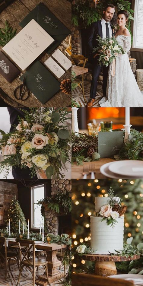 Winter Wedding Canada, Green Gold Winter Wedding, Emerald Green Weddings Winter, Fir Wedding Decorations, Fir Tree Wedding Decor, Winter Wedding In The Mountains, Winter Forest Wedding Aesthetic, Wedding In The Pines, Winter Mountain Wedding Decor