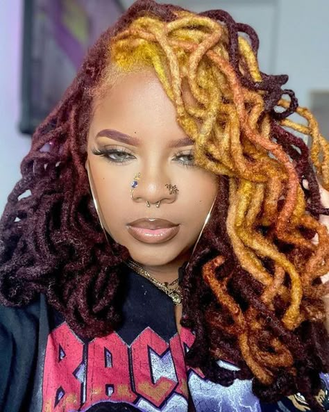 Ombre Hair Color For Locs, 3 Tone Locs, Locs Fall Colors, Fall Colored Locs Black Women, Loc Fall Colors, Ombre Locs Dreadlocks Black Women, Red Ombré Locs, Cooper Locs Black Women, Colorful Dreads Black Women