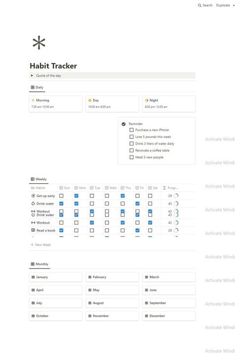 A free habit tracker notion template that can be your Simple , Weekly , Monthly , printable habit tracker . Establish your goal & make a routine by keeping an eye on your daily/weekly , monthly habits. This free template can be your next habit tracker idea for layout . Download now. Notion Template Ideas Monthly, Notion Daily Habit Tracker, Habit Tracker On Notion, Notion Layout Minimalist, Notion Goal Tracker, Notion Calorie Tracker, Monthly Notion Template, Free Notion Habit Tracker Template, Notion Daily Routine Template