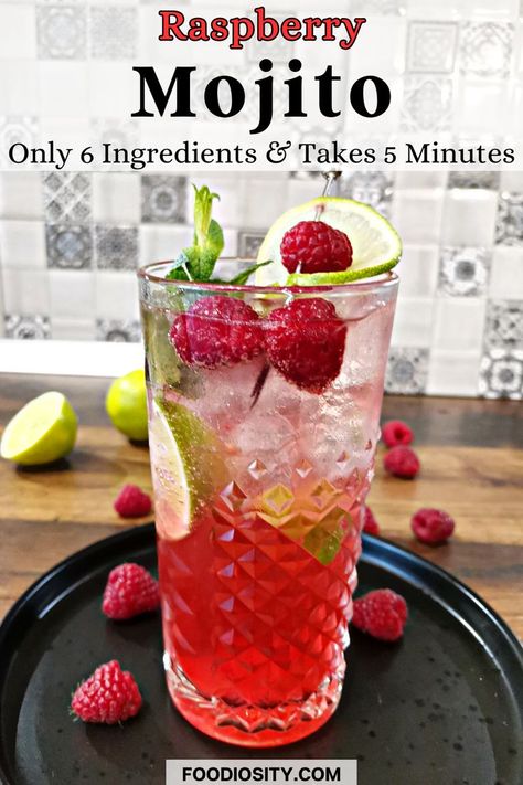 Raspberry Mojito is a great rum cocktail that only requires 6 simple ingredients! It's also easy to make at home. Raspberry Mojito Recipe, Summer Rum Cocktails, Dark Rum Cocktails, Rum Cocktails Easy, Easy Cocktail Recipe, Cocktails To Make At Home, Raspberry Cocktail, Raspberry Mojito, Rum Cocktail Recipes