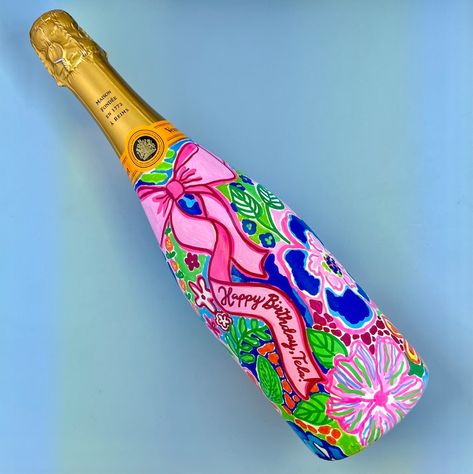 Custom Hand Painted Champagne Bottle Watercolor Lilly Inspired Floral Pattern Wedding, Engagement, Anniversary, or Bridesmaid Gift - Etsy Hand Painted Bottles Diy, Prosecco Painting, Watercolor Lilly, Hand Painted Champagne Bottle, Painted Champagne Bottle, Bottle Watercolor, Custom Champagne Bottle, Bottle Paint, Wedding Wine Bottles