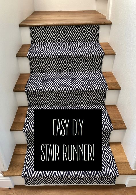 Easy Stairway Makeover, Diy Carpet Stairs To Wood, Cheap Stair Runner Diy, Removable Stair Runner, How To Install Stair Runner With Landing, How To Put A Runner On Stairs, Stairs Runner Diy, Stair Runner Painted Stairs, Wall Above Stairs Decor Stairways