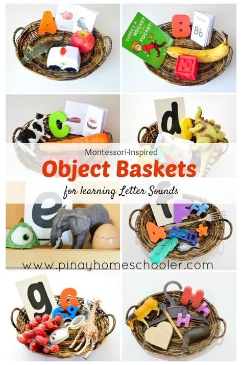 Alphabet Object Baskets from A to H (more to come) for literacy. Ages 2- 3years old. Montessori Trays, Montessori Lessons, Montessori Toddler Activities, Montessori Preschool, Montessori Ideas, Preschool Literacy, Montessori Classroom, Montessori Baby, Alphabet Preschool