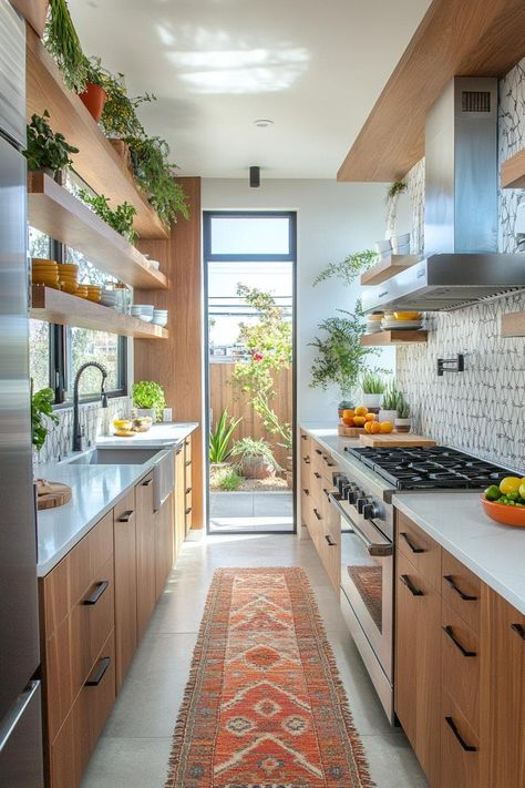 28 Galley Kitchen Ideas To Maximize Your Space - homeideashub.com Narrow Kitchen Inspiration, 10 Ft Wide Kitchen Layout, Walk Through Kitchen Ideas, Kitchen Long Cabinets, Mcm Galley Kitchen, Gallery Kitchen Ideas Layout, Kitchen Galley Ideas, Updated Galley Kitchen, Double Galley Kitchen Design