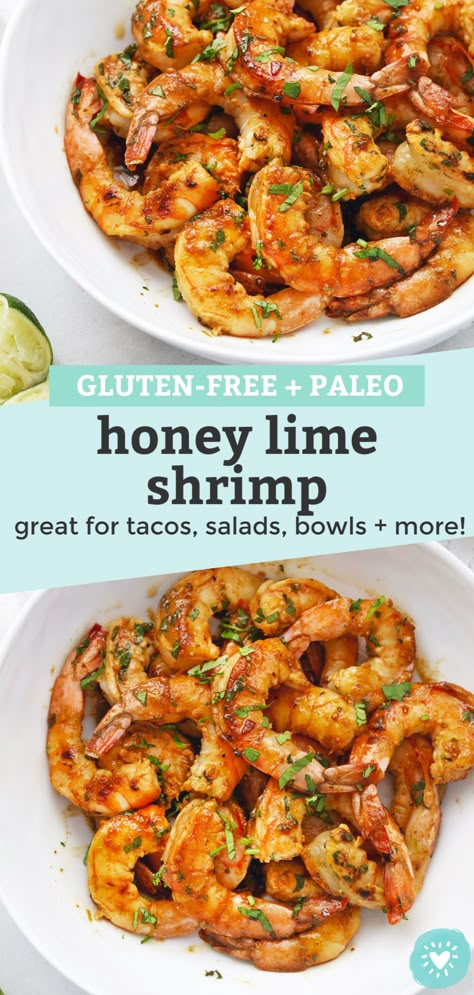 Paleo Recipes Shrimp, Grilled Shrimp Meal Prep, Gluten Dairy Free Shrimp Recipe, Honey Lime Shrimp Tacos, Honey Shrimp Salad, Honey Ginger Shrimp Bowl, Honey Shrimp Tacos, Honey Garlic Lime Shrimp, Aip Shrimp Tacos