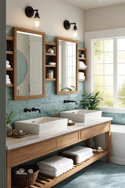 Create a spa-like sanctuary in your own bathroom! Discover design ideas, styling tips, and luxurious touches that will make your vanity feel like a five-star wellness retreat. Pottery Barn Bathroom Ideas, Dual Vanity Bathroom Ideas, Bathroom Wood Vanity, Double Vanity Bathroom Ideas, Bathroom Vanity Trends, Spa Vanity, Vanity Bathroom Ideas, Pottery Barn Bathroom, Vanity With Storage