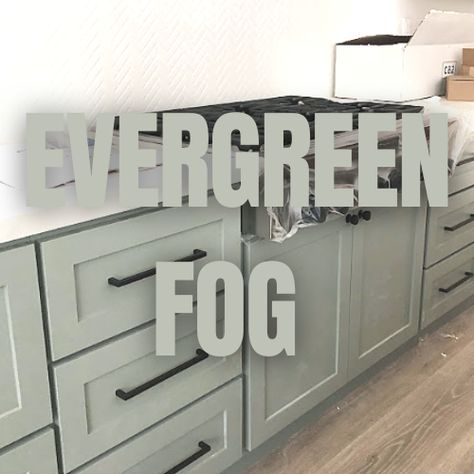 Colors For Kitchen Cabinets Paint, Kitchen Remodel Colored Cabinets, Painted Cabinets With Dark Floors, Green Kitchen With Grey Cabinets, Grayish Kitchen Cabinets, Farmhouse Cabinet Colors Kitchen, Kitchen Cabinets Makeover Sage Green, Paint Grade Kitchen Cabinets, Repose Grey Kitchen Walls