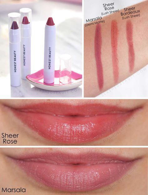 Honest Beauty Lip Crayon Swatches | Marsala, Sheer Rose, Sheer Bordeaux | 5 Best Drugstore Tinted Lip Balms | Slashed Beauty Best Tinted Lip Balm, Drugstore Lip Tint, Drugstore Lip Stain, Best Tinted Lip Balm Drugstore, Tinted Lip Balm Swatches, Natural Tinted Lip Balm, Covergirl Clean Fresh Tinted Lip Balm, Honest Beauty Tinted Lip Balm, Honest Beauty Makeup