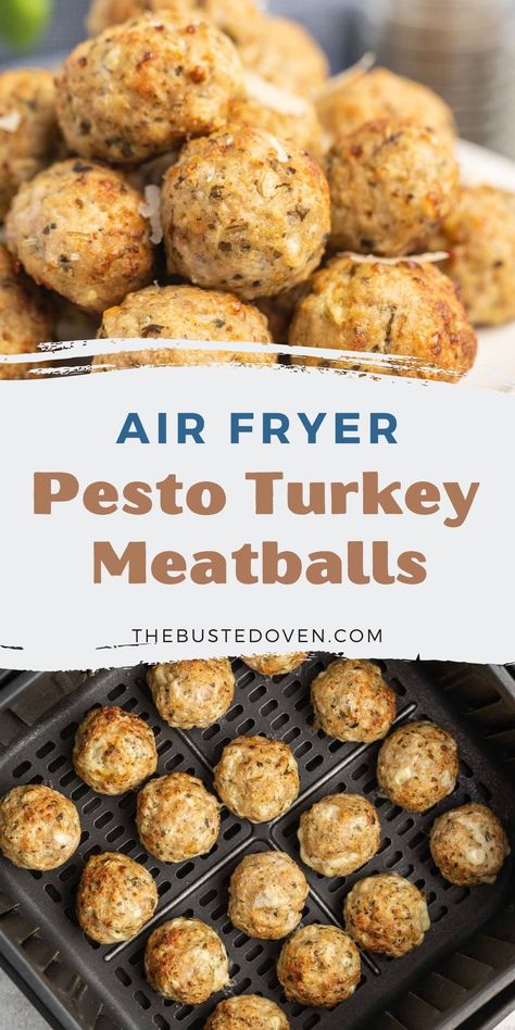 Turkey meatballs, flavoured with pesto and parmesan cheese, are ready in only 8 minutes using the air fryer. These savoury meatballs work well as an appetizer or part of the main meal. Serve them with dip, on a salad, or with your favourite pasta. Full of flavour and made with simple ingredients, they are quick and easy. Savoury Meatballs, Pesto Turkey Meatballs, Air Fryer Turkey Meatballs, Turkey Pesto Meatballs, Mini Turkey Meatballs, Pesto Turkey, Pesto Meatballs, Turkey Pesto, Italian Turkey Meatballs