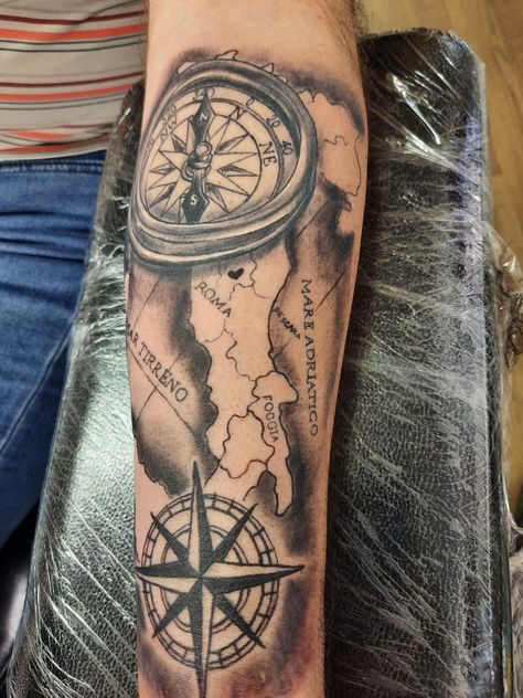 Italian Compass Tattoo, Map Of Italy Tattoo, Italy Tattoo, Map Of Italy, Tattoos Arm, Men Tattoos Arm Sleeve, Men Tattoos, Italy Map, Arm Sleeve