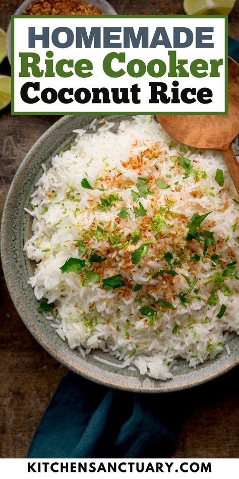 Homemade Rice Cooker Coconut Rice features jasmine rice cooked in rich coconut milk, this simple recipe delivers a creamy, fragrant side dish perfect for pairing with your favorite entrees. Top with toasted coconut, cilantro, and lime zest for an extra burst of flavor. Elevate your dining experience with this easy, tropical twist on rice. Rice And Coconut Milk Recipe, Coconut Rice Recipe Rice Cooker, Coconut Rice In Rice Cooker, Rice Cooker Coconut Rice, Recipes Using Coconut Milk, Zojirushi Rice Cooker, Coconut Rice Recipe, Kitchen Sanctuary, Coconut Ginger