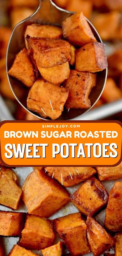 Everyone will love these crispy roasted sweet potatoes as one of your Thanksgiving side dishes! Sweet potatoes are roasted with brown sugar, cinnamon, butter, and a little cayenne for a kick and delicious! Save this pin for later! Brown Sugar Sweet Potatoes, Potatoes Roasted, Roasted Potato Recipes, Easy Side Dish, Thanksgiving Side, Potato Side Dishes, Thanksgiving Side Dishes, Potato Dishes, Sweet Potato Recipes