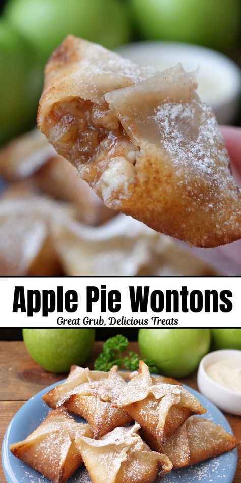 A double photo collage of apple pie wontons. Apple Pie Cream Cheese Wontons, Apple Pie Wontons Baked, Wonton Apple Pies, Apple Pie Rangoons, Apple Wonton Dessert, Apple Pie Wontons, Apple Pie Rolls, Sweet Cream Cheese Filling, Apple Cream Cheese