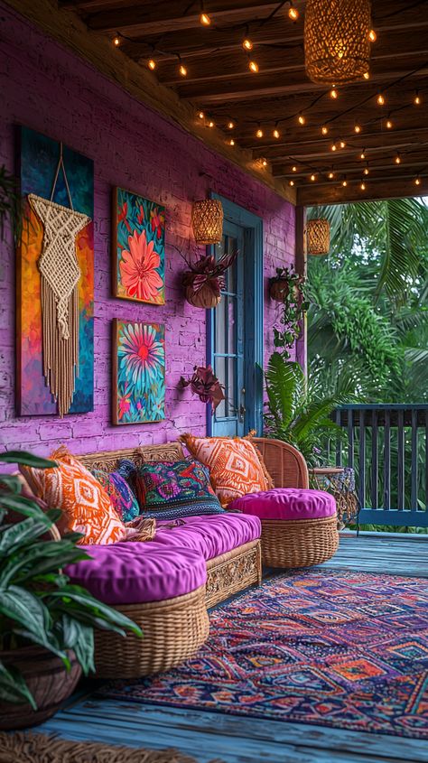 Bohemian Porch Ideas: Vibrant Art, Rattan Furniture & Macrame Decor Hippie Porch Ideas, Boho Porch Ideas, Bohemian Porch, Intricate Macrame, Cozy Home Office, Cyberpunk Aesthetic, Colorful Abstract Painting, Cat Art Print, Chic Bedroom