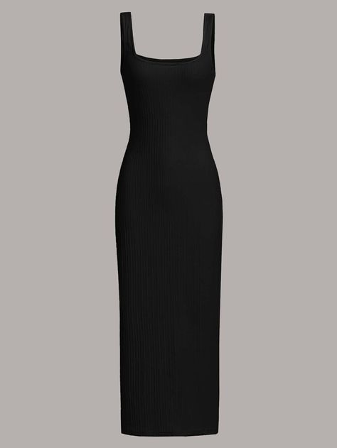 Black Casual Collar Sleeveless Knitted Fabric Plain Tank Embellished Slight Stretch  Women Clothing Black Summer Dresses, Black Simple Dress, Simple Dresses Casual, Tiny Black Dress, Black Dress Simple, Plain Black Dress, Casual Black Dress, Black Plain Dress, Dr Closet