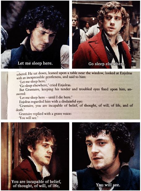 Enjolras and Grantaire - quotes from the book Person Holding Flag Reference, Enjolras And Grantaire, Enjolras Grantaire, Les Miserables Book, Les Miserables Quotes, Theatre Geek, Aaron Tveit, Musical Plays, Theatre Life