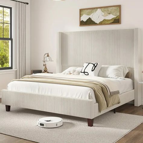 Corduroy Upholstered Bed Frame Platform Bed Vertical Stripe - Temu Bed Frame Platform, King Upholstered Platform Bed, Winged Headboard, Cama King Size, Modern Bed Frame, Tall Headboard, Cama King, King Size Bed Frame, Wingback Headboard