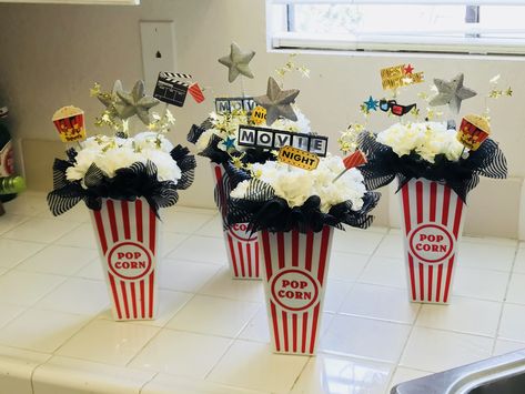 Movie Theme Dessert Table, Movie Theme Centerpieces Diy, Hollywood Party Centerpiece Ideas, Movie Premiere Centerpieces, Movie Theater Centerpieces, Movie Party Centerpieces, Hollywood Party Centerpieces Diy, Movie Night Centerpieces, Movie Theme Centerpiece Ideas