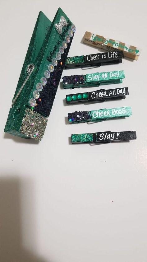 All About Cheer Pins | These 6" jumbo pins are so cool | Facebook Pins For Cheer Comps, Cheer Pins For Backpacks Diy, Cheer Pegs Ideas, Cheer Competition Clothespins, Cheer Competition Pins, Cheer Clip Ideas, Cheer Close Pin Ideas, Cheer Comp Pins, Kindness Clips