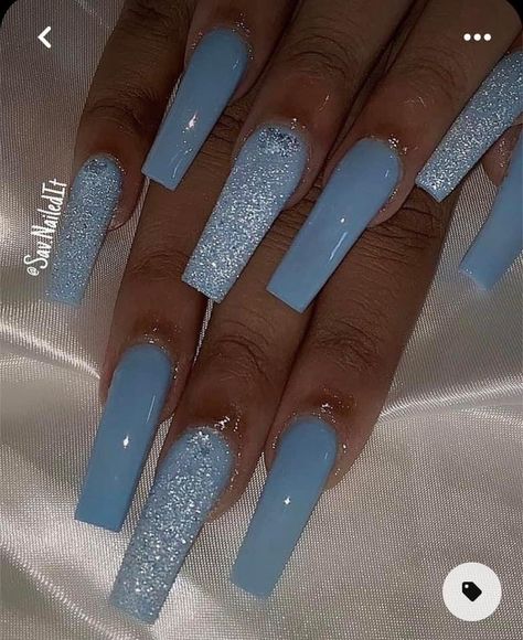 Teal Acrylic Nails, Baby Blue Acrylic Nails, Blue Prom Nails, Blue And Silver Nails, Blue Glitter Nails, Tips Nails, Teal Nails, Baby Blue Nails, Long Acrylic Nail Designs