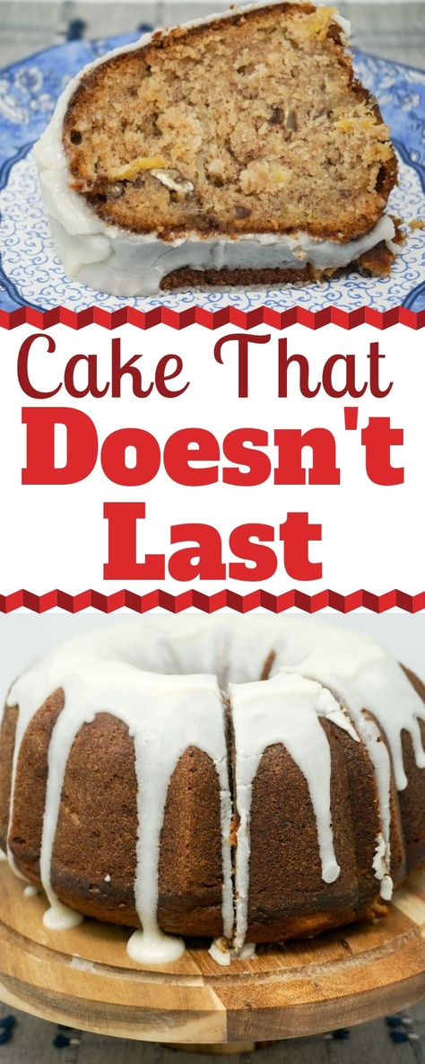 Cake That Doesn't Last is a moist Banana Pineapple Bundt Cake topped with a tangy cream cheese glaze. And it's amazingly easy to make. One bowl. One spoon. One delicious cake. | The Cake That Doesn't Last | Banana Bundt Cake with Pineapple | Banana Pineapple Cake with Cream Cheese Glaze | One Bowl Banana Cake Glaze | #Banana #Pineapple #CreamCheese #BundtCake #Cake #Recipes Banana Pineapple Cake, Pineapple Bundt Cake, Cake Glaze, Cheesecake Fruit Salad, Cake With Pineapple, Banana Bundt Cake, Banana Bundt, Banana Cream Pie Recipe, Peanut Butter Crunch