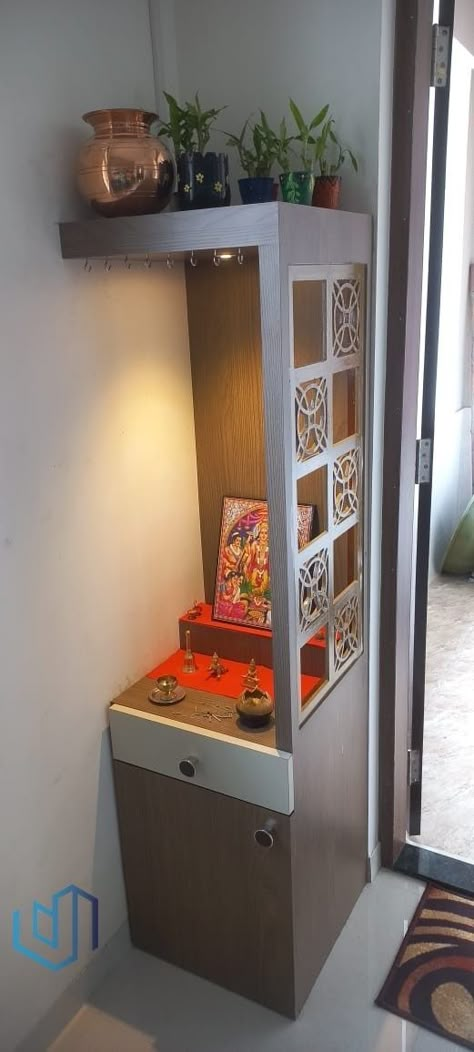 Corner Mandir Ideas, Pooja Room Ideas Indian Small Apartment, Small Corner Temple Design For Home, Pooja Corner Ideas, Corner Pooja Unit In Living Room, Small House Interior Indian, Small Living Room Designs Indian, Mandir Design Small Corner, Small Puja Room Ideas