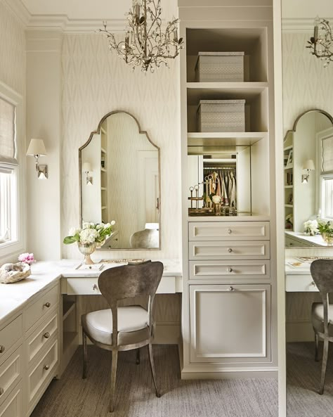 L Shape Vanity With Makeup Area, Closet With Vanity, Chic Dressing Room, Glam Desk, Powder Vanity, Dressing Room Ideas, Small Dressing Rooms, Dressing Room Closet, Dream Closet Design