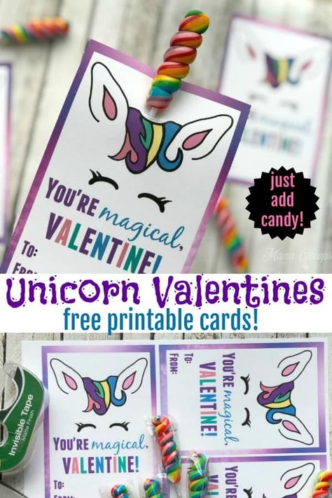 Unicorn Valentine Cards, Valentines Day Cards Diy, Rainbow Lollipops, Printable Valentines Day Cards, Unicorn Valentine, Free Printable Cards, Printable Valentines, Valentine's Day Printables, Valentines Day Cards