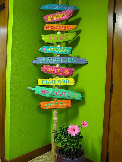 my beach signs | an art project I finally finished of places… | Flickr Tropical Wall Decor Ideas, Beach Themed Crafts, Tropical Bathroom, Caribbean Beach, Beach Sign, Nautical Home, Beach Signs, Beach Crafts, Themed Crafts