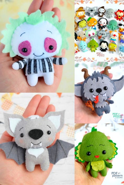 Halloween Sewing Patterns Free, Halloween Felt Crafts Diy, Halloween Felt Crafts Free Pattern, Diy Halloween Toys, Keychain Diy Easy, Felt Patterns Free, Halloween Sewing Patterns, Felt Halloween Ornaments, Creepy Crafts