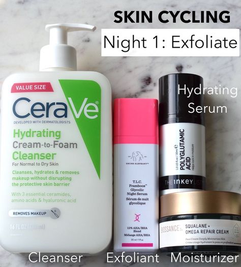 Skin Cycling Routine With Products, Skin Cycling Exfoliation, Skin Care Cycling, Skincare Routine 40s For Women, Skin Care Cycling Routine, Skin Cycling Routine For Acne, Skincare Cycling Routine, Skincare Cycling, Skin Cycling Products