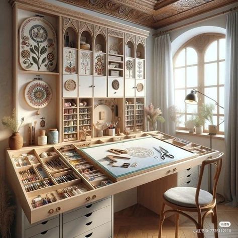 Crafting Station Ideas, Drawing Studio Workspaces, Art Set Up, Sewing Room Aesthetic, Art Room Ideas Artist Studios, Cozy Hobby Room, Aesthetic Art Studio, Mini Art Studio, Art Craft Room