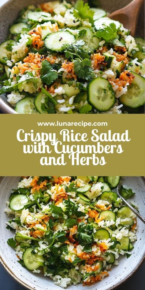 This Crispy Rice Salad with Cucumbers and Herbs is all about texture and flavor! 🥗🍚 With crunchy rice, fresh cucumbers, and aromatic herbs, this salad is a refreshing and satisfying dish perfect for lunch or dinner. It’s easy to make and packed with vibrant, delicious ingredients.  📌 Save this pin to make a crispy and flavorful rice salad that will elevate your meal! #CrispyRiceSalad #HealthyMeals #FreshAndFlavorful #EasySaladRecipes #CrunchyAndRefreshing #VibrantSalads Crispy Rice Cucumber Salad, Crunchy Rice Salad, Crunchy Rice Recipes, Crispy Rice Salad Recipe, Rice Salad Recipes Cold, Crispy Rice Recipe, Cucumber Rice, Crispy Rice Salad, Rice Crispies Recipe