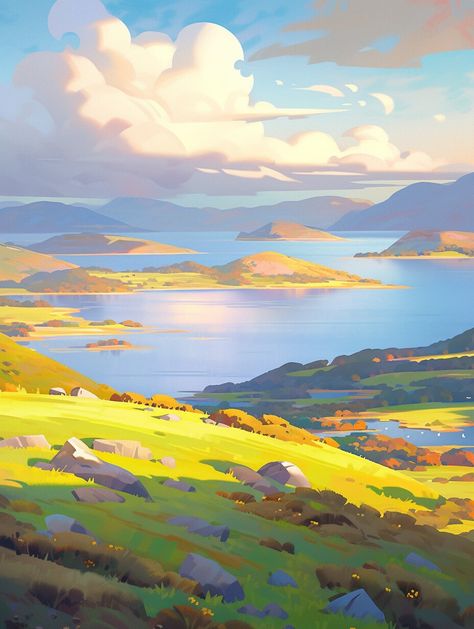 ArtStation - Lakes Environment Painting, Pond Painting, Bg Design, Animal Illustration Art, Lake Landscape, Great Paintings, Inspirational Artwork, Landscape Scenery, Landscape Drawings