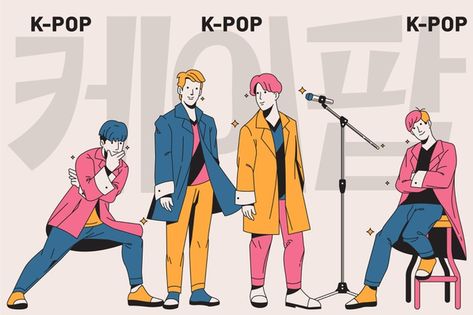 Freepik | K-pop boy group vector for free Boy Korea, Music Boy, Music Land, Pink Headphones, Music Letters, Pop Boy, Music Illustration, Boy Group, Young Fashion