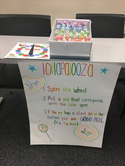 math lollipop probability game #classroom #fun #activity #game #lollipop #lollapalooza Fun Probability Games, Carnival Games For Fundraiser, Diy Fun Fair Games, Games For Fundraisers, Stall Games School Fair, Diy Carnival Games For School, Probability Games Carnival, Carnival Classroom Games, Crafts For Big Groups