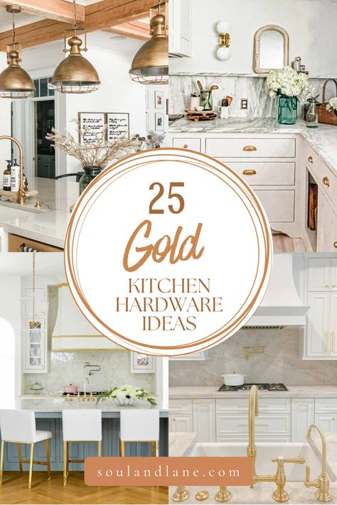 Step into a world of gilded elegance where gold kitchen hardware transforms ordinary spaces into realms of luxury and style. Whether you're revamping your cabinets, drawers, or sink, these gold accents promise to add a sophisticated flair that captivates and charms. Explore a variety of designs that cater to every taste, from bold, contemporary lines to timeless, ornate details. With our ideas, your kitchen will not only reflect exquisite taste but also become a warm, welcoming centerpiece of yo Brushed Gold Kitchen Hardware White Cabinets, Cream Kitchen Cabinets Gold Hardware, Kitchen Backsplash With White Cabinets And Gold Hardware, Gold Cabinet Hardware Farmhouse, Muted Gold Kitchen Hardware, Kitchen Remodel White Cabinets Gold Hardware, Beige Kitchen Cabinets With Gold Handles, Gold Fixtures With Stainless Appliances, Kitchen Brass Accents