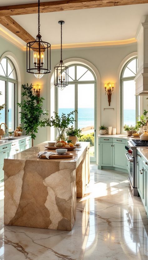 Step into a kitchen designed to be a picturesque escape, blending natural beauty with luxurious details for a Pinterest-perfect look. This Mediterranean coastal oasis exudes tranquility and elegance, inviting relaxation and culinary inspiration. Greek Island Kitchen Interior Design, Beach House Mediterranean, Mediterranean Homes Interior Kitchen, Greek Style Kitchen, Italian Villa Kitchen, Florida Kitchen Ideas, Modern Mediterranean Kitchen, Mediterranean Kitchen Ideas, Greek Interior