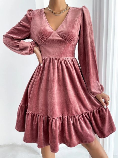 Lantern Sleeve Ruffle Hem Velvet Dress | SHEIN USA Pink Velvet Dress Outfit, Velvet Western Dress, Velvet Sleeves Design, Ruffle Velvet Dress, Sequin Cami Dress, Long Sleeve Ruffle Dress, Velvet Dress Designs, Glitter Dress, Ruffle Mini Dress