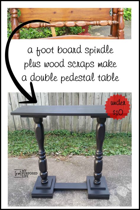 Repurposed bed spindle and wood scraps make a double pedestal sofa table for under ten dollars MyRepurposedLife.com Recycler Diy, Old Headboard, Wood Scraps, Diy Holz, Wood Plans, Diy Furniture Table, Refurbished Furniture, Pedestal Table, Furniture Makeover Diy