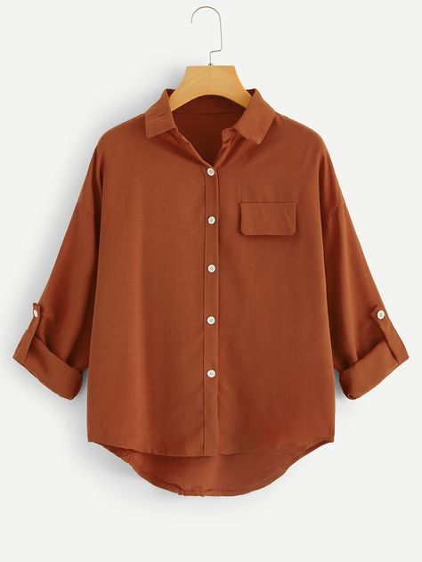 Pocket Dip Hem Blouse -SheIn(Sheinside) Dip Hem Shirts, Dip Hem Blouse, Fashion Tops Blouse, Shirts Long Sleeve, Hem Blouse, Plain Shirt, Women Blouses, Plain Shirts, Spring Shirts